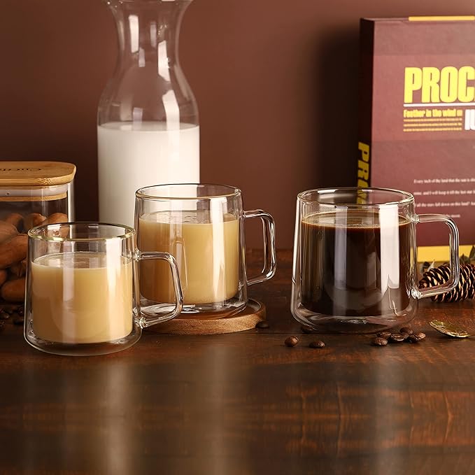 CNGLASS 10oz Glass Coffee Mugs,Double Wall Insulated Glass Mugs with Handle,Clear Espresso Mug for Latte,Cappuccino,Tea Bag,Set of 4