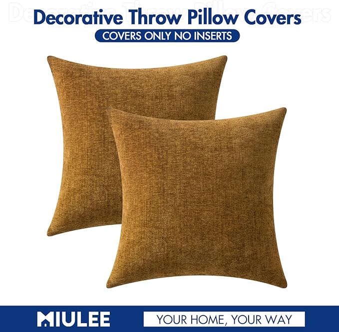 MIULEE Pack of 2 Couch Throw Pillow Covers 18x18 Inch Soft Mustard Chenille Pillow Covers for Sofa Living Room Solid Dyed Pillow Cases