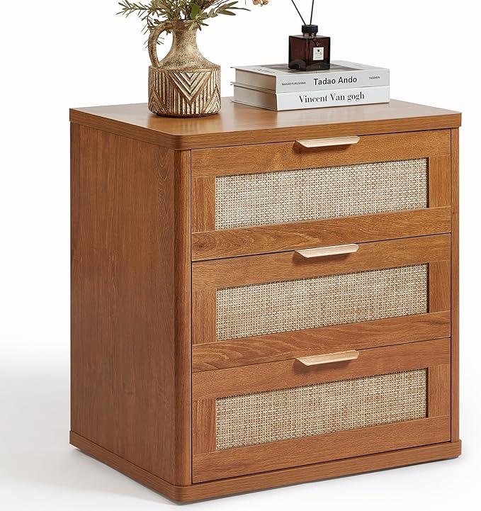 LEYAOYAO Rattan Night Stand with Drawers, 23" Large 3 Drawer Boho Nightstand, Natural Wood Bedside Table Storage Cabinet, Bed Side End Tables Dresser for Bedroom, Living Room, Hallway, Closet