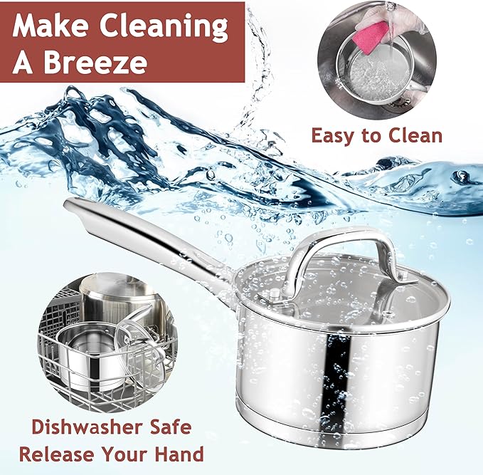 E-far Stainless Steel Saucepan with Lid, 3 Quart Sauce Pan Induction Pot for Cooking, Boiling, Compatible with All Stoves, Healthy & Non Toxic, Oven & Dishwasher Safe