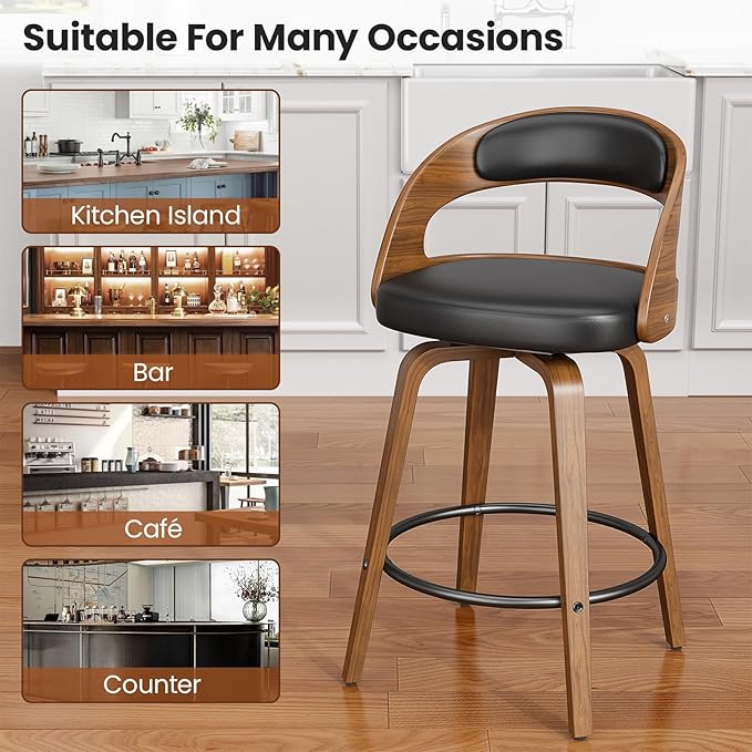 Swivel Bar Stools Set of 4, 26" Counter Height Bentwood Barstool, Mid-Century Modern PU Leather Upholstered Bar Chair with Back and Footrest, for Kitchen Island, Bar, Cafe, Dining Room, Black
