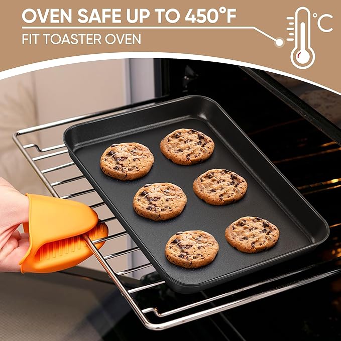 E-far Baking Sheet Set of 2, 9" x 7" x 1" Small Cookie Sheet Pan for Baking, Nonstick Carbon Steel Baking Trays for Toaster Oven, Heat-Resistant & Easy Clean, Black