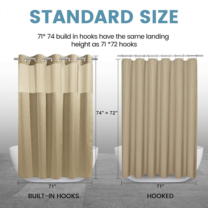 Beige No Hook Shower Curtain with Snap in Liner,230GSM Waffle Weave Shower Curtains for Bathroom,71W x 74H