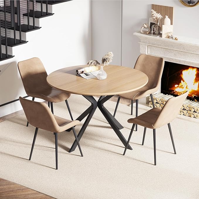 46.4" Round Dining Table Set with 4 Chairs, Modern Dining Set with Comfortable PU Leather Chairs, Sturdy MDF Table with X-Shaped Base, Easy Assembly, Ideal for Dining Room or Kitchen