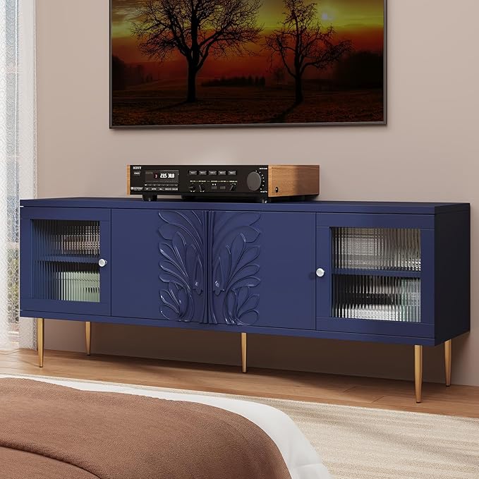 TV Stand for TVs up to 75 Inches, Mid Century Modern Entertainment Center with 3D Flower Pattern, Wood Media Console with 2 Fluted Glass Doors, Storage Cabinet for Living Room, Blue