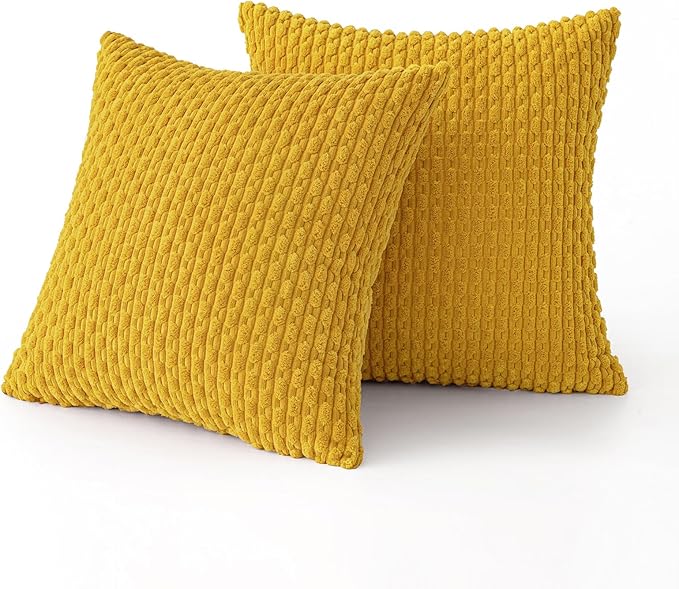 MIULEE Throw Pillow Covers Soft Corduroy Decorative Set of 2 Boho Summer Striped Pillow Covers Pillowcases Farmhouse Home Decor for Couch Bed Sofa Living Room 18x18 Inch Mustard Yellow