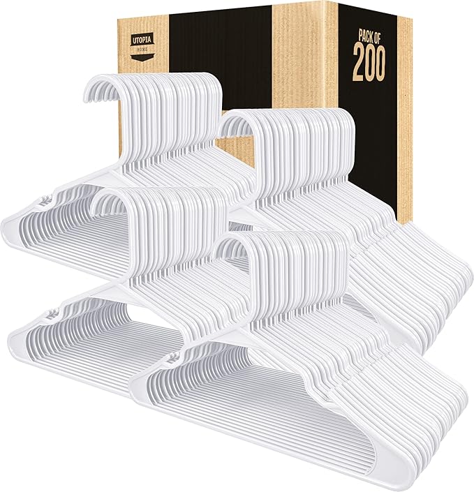 Utopia Home Plastic Hangers 200 Pack - Perfect Space Saving Clothes Hanger - Durable and Strong - Perfect Closet Organizers with Shoulder Grooves (White)