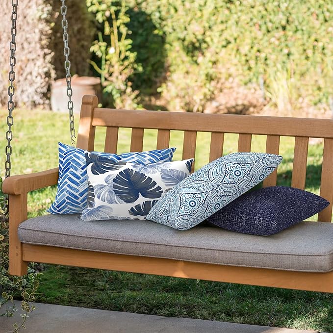 Outdoor/Indoor Lumbar Pillows, Water Repellent Cushion Pillows, 12x20 Inch, Outdoor Pillows with Inserts for Home Garden, Pack of 2, Monstera Blue