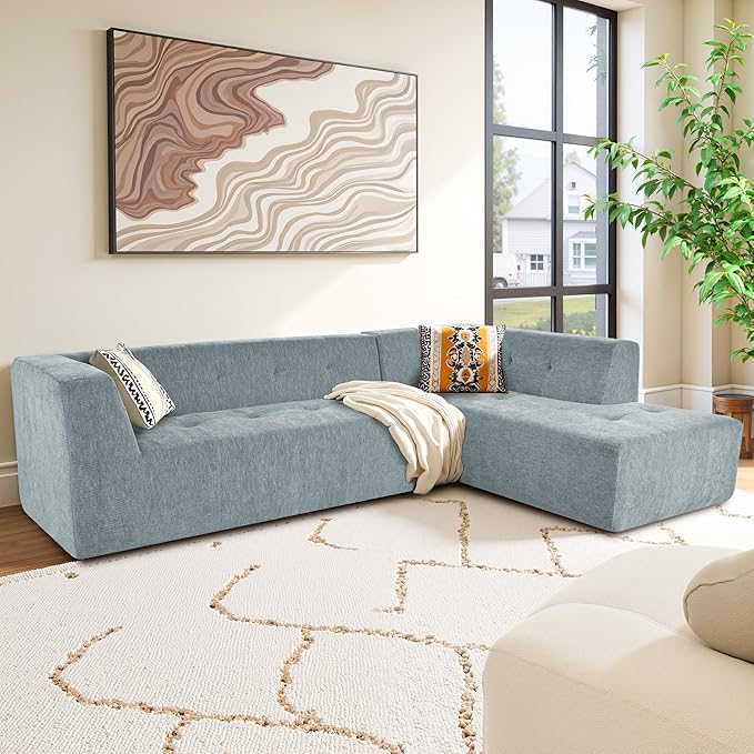 Sectional Couches for Living Room 112" L Shaped Cloud Couch Modern Modular Sectional Sofa Bad, Boneless Couch with Deep Seat, No Assembly Required (Chenille, Blue Gray)