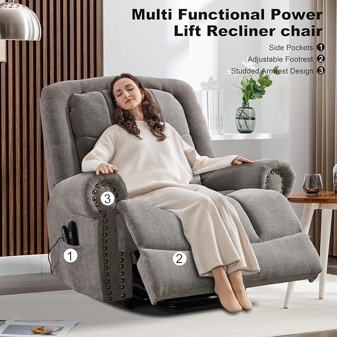 Oversize Power Lift Recliner with Massage and Heat for Adult, Reclining Chair for Living Room Bedroom, Ergonomic Electric Wider Chair with USB Port and Side Pocket (1, Gary)