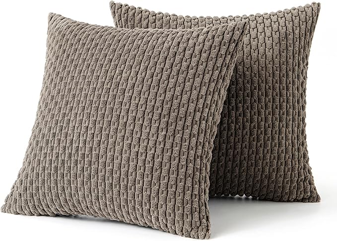 MIULEE Throw Pillow Covers Soft Corduroy Decorative Set of 2 Boho Striped Pillow Covers Pillowcases Farmhouse Home Decor for Couch Bed Sofa Living Room 18x18 Inch Brown