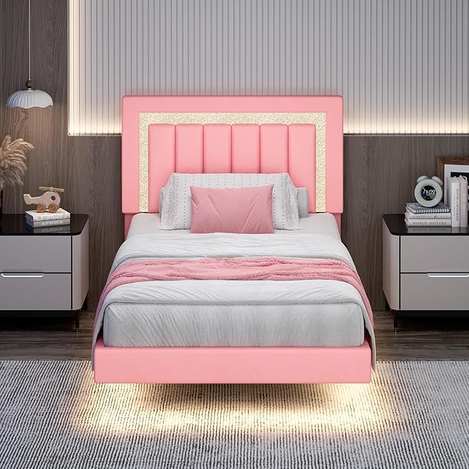 HOMBCK Floating Twin Bed Frame with Smart LED Lights, Faux Leather Upholstered Platform Bed with Diamond Headboard, No Box Spring Needed, Noise-Free, Easy Assembly, Pink