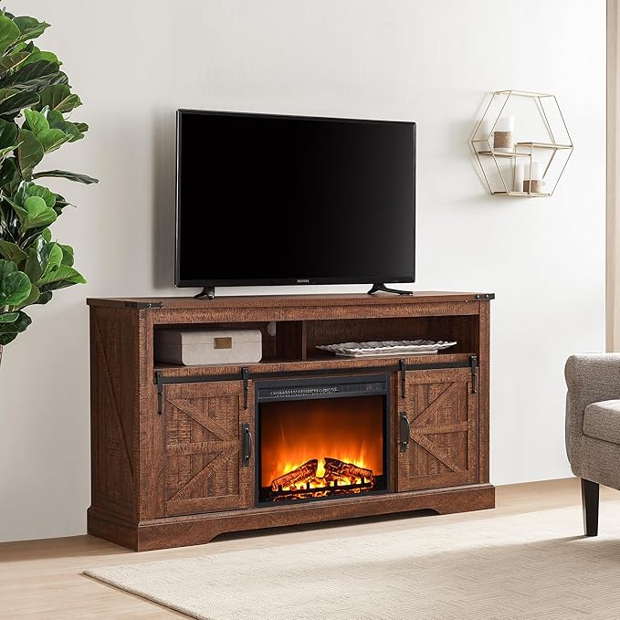 OKD Fireplace TV Stand for 65+ Inch TV, 33" Tall Highboy Farmhouse Entertainment Center w/ 23'' Electric Fireplace, Rustic Media Console w/Sliding Barn Door for Living Room, Reclaimed Barnwood Color