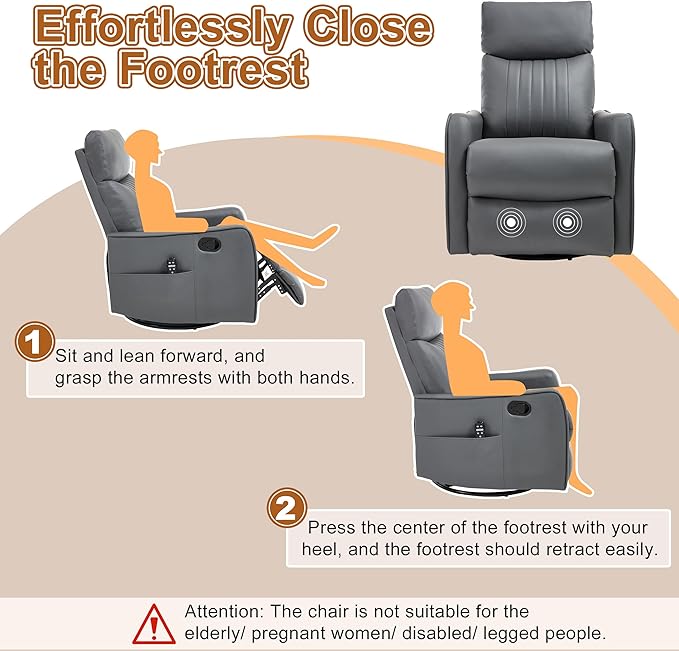 Manual Swivel Rocker Recliner Chair for Adults, Overstuffed Recliner Glider with Massage and Heat, Living Room Reclining Chair, PU Leather Gray