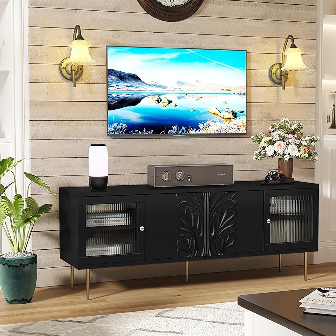 TV Stand for TVs up to 75", Mid Century Modern TV Console with 3D Flower Pattern, Wood Entertainment Center with 2 Fluted Glass Doors, Media Console Table with Storage for Living Room, Black