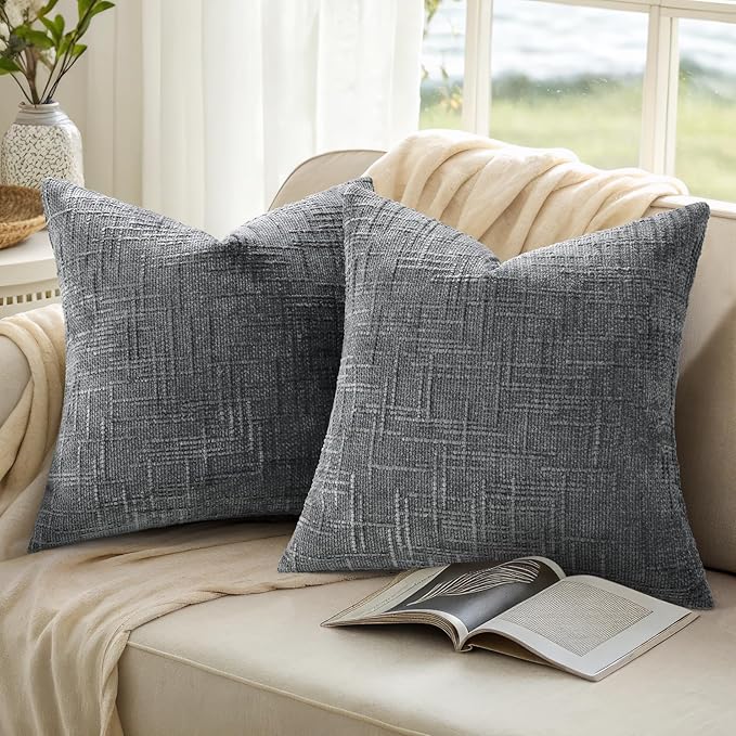 decorUhome Dark Grey Chenille Throw Pillow Covers 18x18 Set of 2 Thick Textured Slubby Couch Pillow Covers Farmhouse Accent Modern Neutral Decorative Pillow Cases for Bed Sofa Living Room