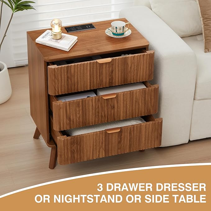 Fluted 3 Drawer Small Dresser for Bedroom, Mid Century Modern Nightstand with Charging Table Top, Low Bedside Table for Closet Cloth, End Table Short Storage, Living Room, Dorm -Walnut