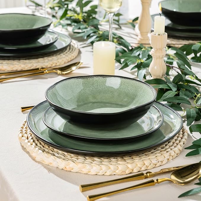 AmorArc Ceramic Dinnerware Sets,Handmade Reactive Glaze Stoneware Plates and Bowls Set,Highly Chip and Crack Resistant | Dishwasher & Microwave Safe Dishes Set,Service for 4 (12pc)