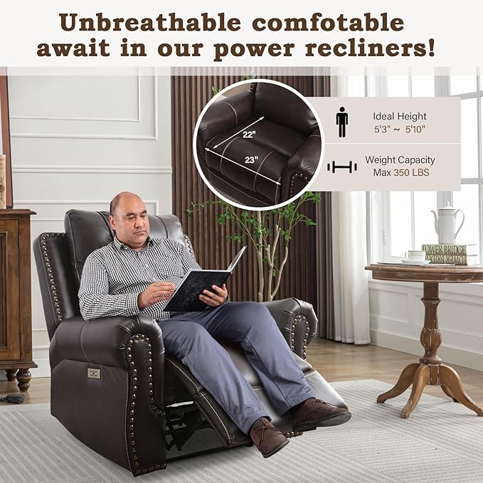 ANJ Electric Power Recliner Chair with USB Ports, Set of 2, Breathable Faux Leather Oversized Recliner with Comfortable Arms, Back and Headrest, Single Sofa for Living Room, Dark Brown