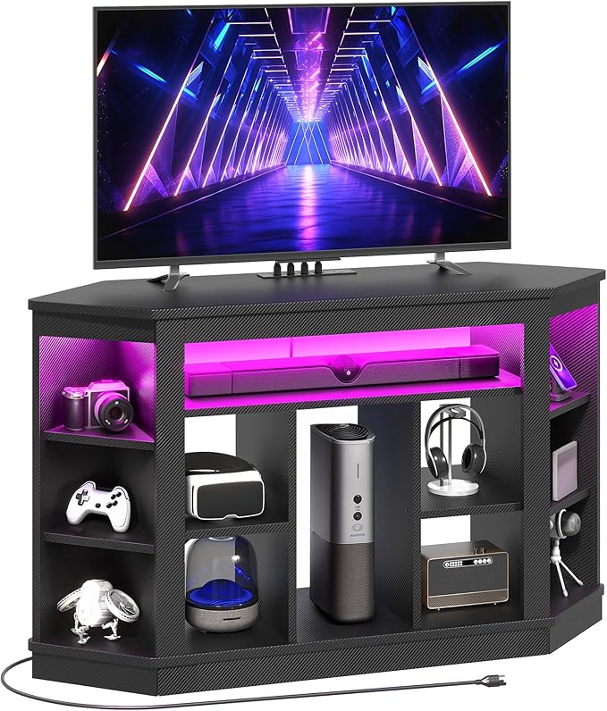 YITAHOME CornerTV Stand for 55 Inch TV, Modern Black TV Stand with Wheels for PS5, LED Gaming Entertainment Center with Power Outlets, Gaming TV Console Cabinet, Black Carbon Fiber