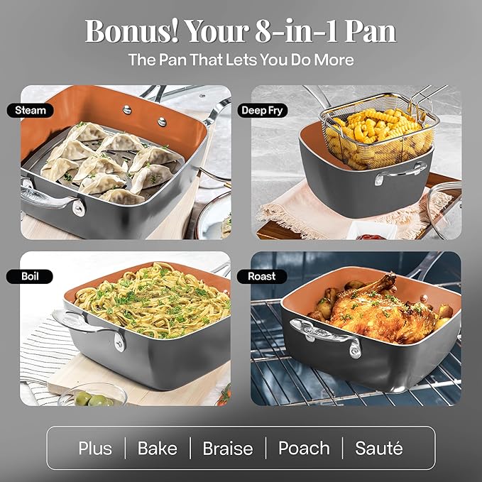 Gotham Steel True 20 Pc Ceramic Cookware Set Nonstick, Ceramic Pots and Pans Set Non Stick with Deep Square Pan Set & Bakeware Set, Non Toxic PFOA PFOS Free, Oven & Dishwasher Safe, No Cheater Pieces