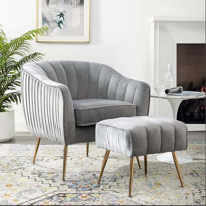 Velvet Accent Chair, Modern Barrel Chair, Living Room Bedroom Arm Chairs, Golden Finished, Grey