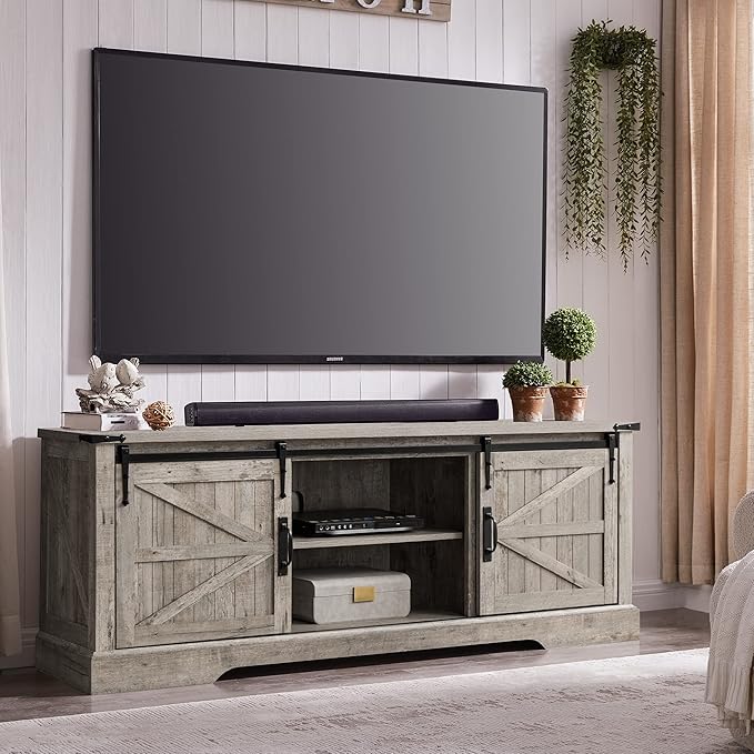 OKD Farmhouse TV Stand for 75 Inch TV, Rustic Entertainment Center w/Sliding Barn Door Wood Media Console Cabinet 66 Inch Long Television Stands for 70 Inch TVs, Light Rustic Oak