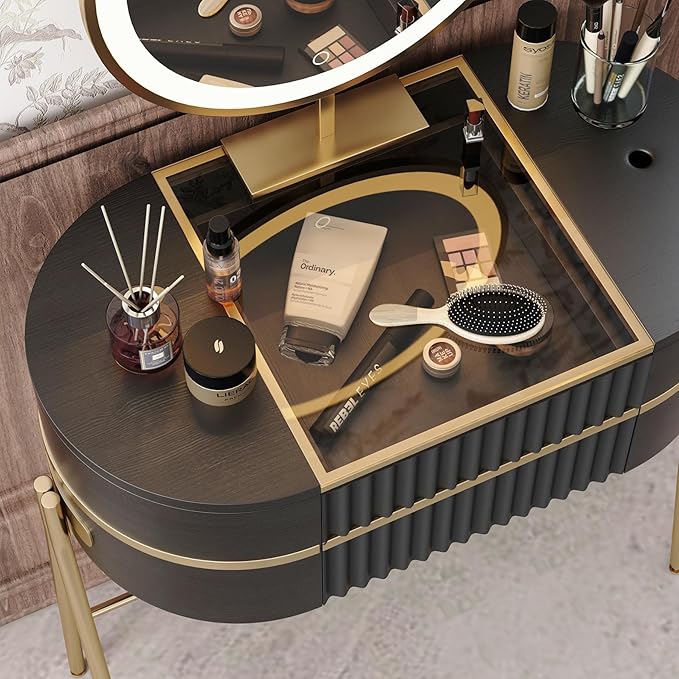 Makeup Vanity with Mirror and Lights - with LED Mirror,Very Easy to Assemble,Glass Top for Bedroom,Stainless Steel Foot