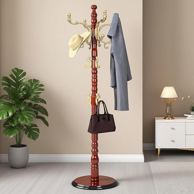 73”Vintage Wooden Coat Rack,With 14 Hooks and Sturdy Round Base.Sturdy and Durable Standing Coat Racks,Adjustable Wooden Freestanding Coat Rack for Corridors, Offices, Porch,Bedrooms (Begonia color)