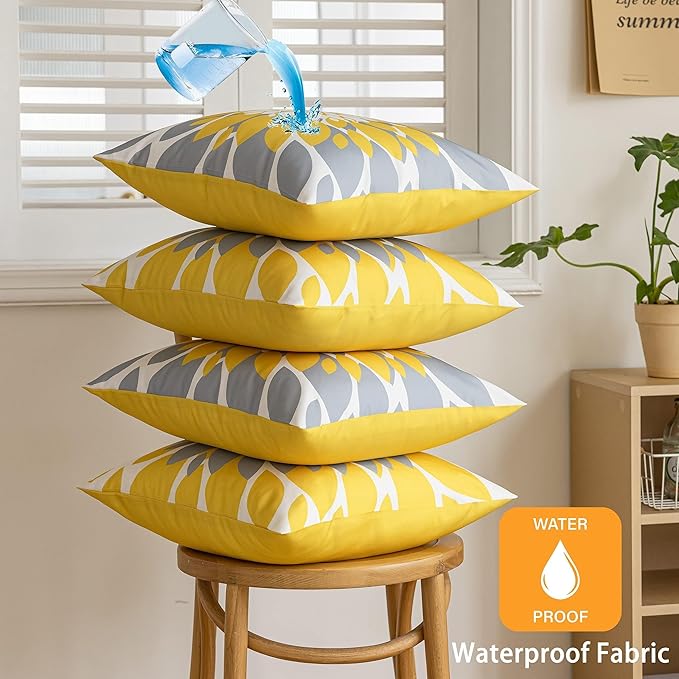 Qahing Pack of 4 Fall Outdoor Waterproof Pillow Covers 20x20 Decorative Outdoor Throw Pillows Garden Square Cushion Cases for Patio Furniture, Couch, Tent Sunbrella, Bench, Mustard Yellow Grey