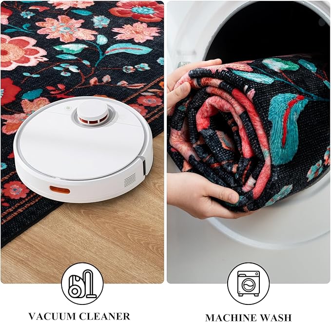 Living Room Rug 6x9 Rug, Machine Washable Area Rug Non Slip Low Pile Floral Rug for Living Room, Bedroom, Farmhouse, Dining Room, Kids Playroom, Black