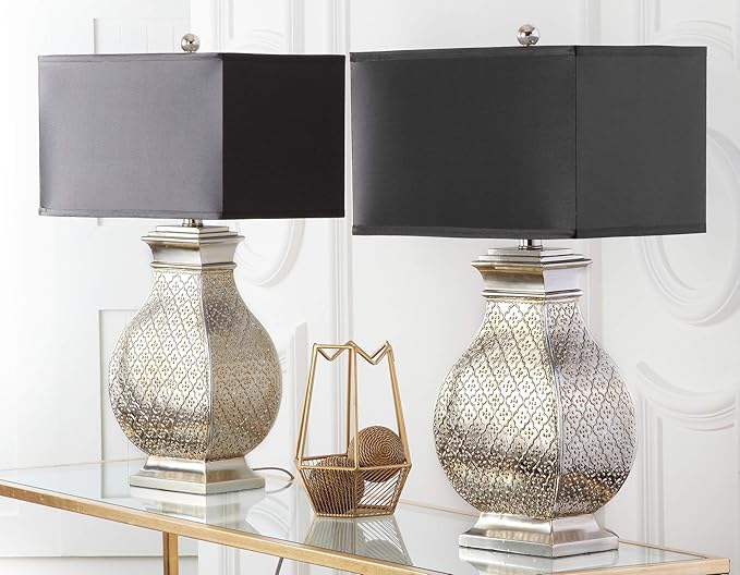 SAFAVIEH Lighting Collection Malaga Silver/ Black Rectangle Shade 30-inch Bedroom Living Room Home Office Desk Nightstand Table Lamp Set of 2 (LED Bulbs Included)