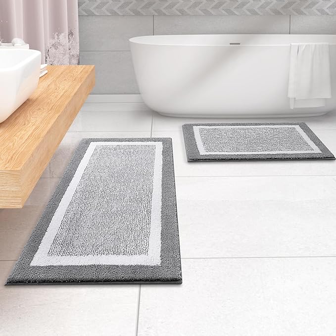 OLANLY Bathroom Rugs 59x20, Extra Soft and Absorbent Microfiber Bath Mat, Non-Slip, Machine Washable, Quick Dry Shaggy Bath Carpet, Suitable for Bathroom Floor, Tub, Shower (Grey and White)
