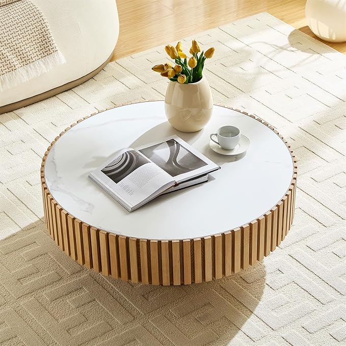 Round Coffee Table for Living Room, Accent Fluted Drum Stone Coffee Table with Storage, Modern Solid Wood Circle Center Tea Table for Small Space Apartment (35.4''D×14''H-Natural)