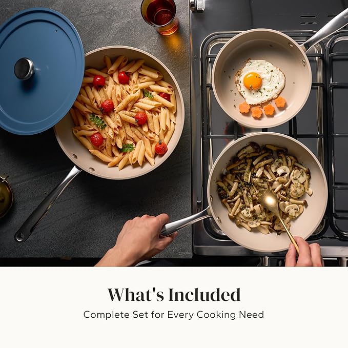 Redchef Nonstick Frying Pans Set, 4-Piece Ceramic Cookware Set, 8" 9.5" 11" Saute Pan Skillet, Non Toxic Pans for Cooking, Pots and Pans Set, PFAS & PTFE & PFOA Free, Dishwasher & Oven Safe, Blue