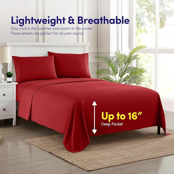 1500 Supreme Collection California King Sheet Sets Red - Luxury Hotel Bed Sheets and Pillowcase Set for California King Mattress - Extra Soft, Elastic Corner Straps, Deep Pocket Sheets Red