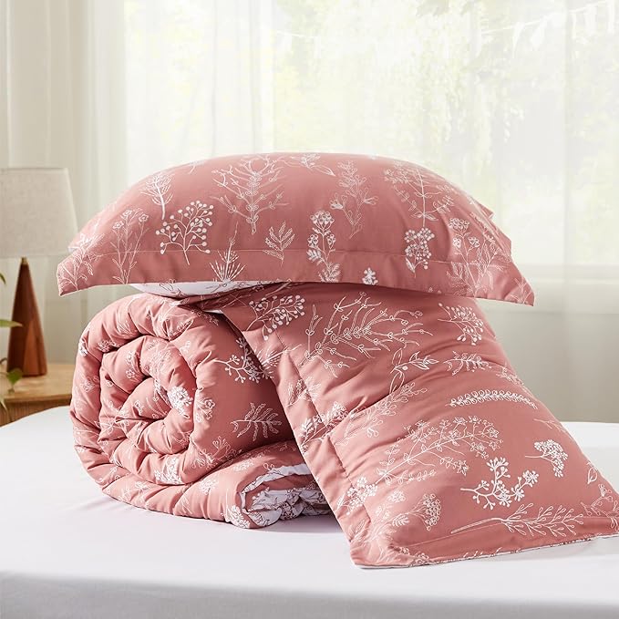 Bedsure King Comforter Set - Grayish Pink Bed Set, 3 Pieces Cute Floral Bedding, 1 Soft Reversible Botanical Flowers Comforter and 2 Pillow Shams