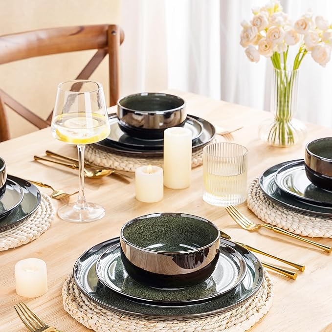 LERATIO Ceramic Dinnerware Sets for 4,12 Pieces Poreclain Plates and Bowls Sets,Scratch Resistant Dishes,Dishwasher & Microwave Saf,Oven Safe Dishes Set,Service for 4-Geen