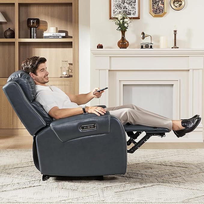 CHITA Genuine Leather Power Recliner Chair for Adults, Electric Wall Hugger Recliner with Adjustable Power Headrest & USB/Type-C Ports, Compact for Small Spaces & Living Rooms, Navy Blue