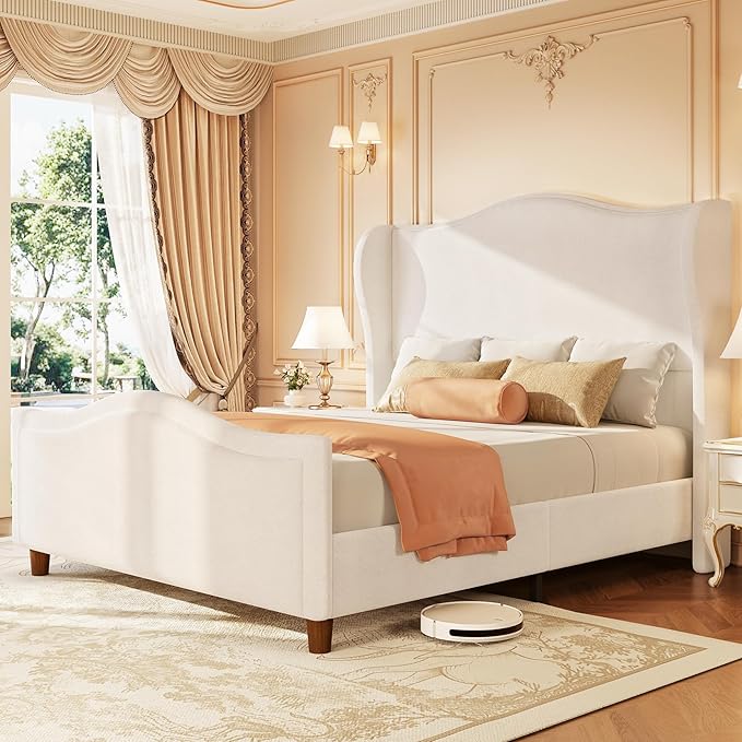 King Size Bed Frame Chenille Upholstered Platform Bed with Headboard and Footboard, 51" High Deep Tufted Wingback Sleigh Upholstered Bed, Modern Retro Minimalist Style, Easy Assembly, Cream