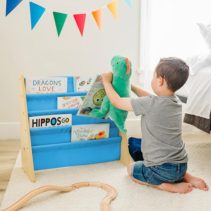 Wildkin Vegan Leather Sling Bookshelf for Kids – Premium Easy Clean Sling Canvas Design with 4 Fabric Shelves, Organizer for Home or Classroom - Natural w/Blue