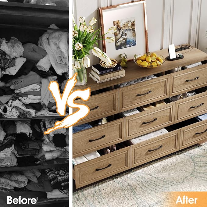 Fameill Dresser for Bedroom, 9 Drawer Wide Dresser Organizer with Charging Station, Tall Dresser for Hallway, Wood Dresser with Metal Handles, Oak