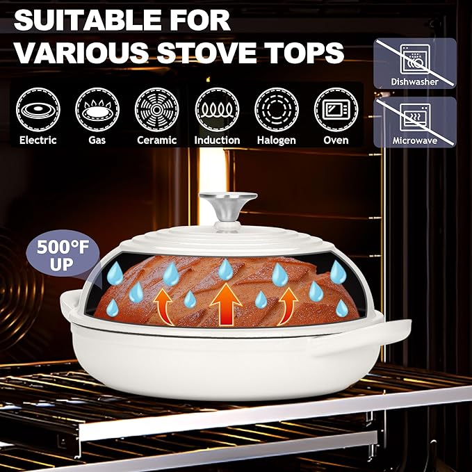 TeamFar Cast Iron Bread Dutch Oven, 6 Qt Enameled Dutch Oven Pot for Sourdough Bread Baking, with Tall Dome Lid & Round Base Pan, Self-Basting & Even-Heating, Heavy-Duty & Non-stick, White