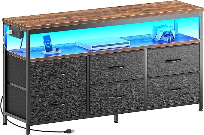 Huuger LED TV Stand for Bedroom, 47 Inch Dresser TV Stand for 43, 50, 55 Inch TV, Rustic Black TV Stand with Storage, Entertainment Center with Power Outlets, 6 Drawer Fabric Dresser for Living Room