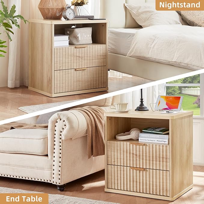 LEYAOYAO Fluted Nightstand Set of 2 with Charging Station,23" Modern Nightstand with Woodgrain Top, 2 Drawer End Table w/Storage, BedsideTables for Bedroom, Living Room, Curved Profile,Wood