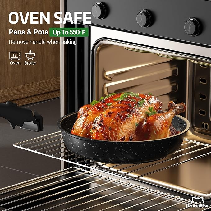 26 Pcs Pots and Pans Set Non Stick, Ceramic Cookware Set Non Toxic with Detachable Handles, Healthy Induction Cookware Dishwasher Oven Safe RV Kitchen Set, PFAS PFOA & PTFE Free, Black