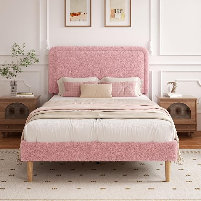Full Size Boucle Platform Bed Frame, Anti-Collision Soft Rounded Corners, Adjustable Headboard, No Box Spring Needed, Easy Assembly, Noise Free, Pink