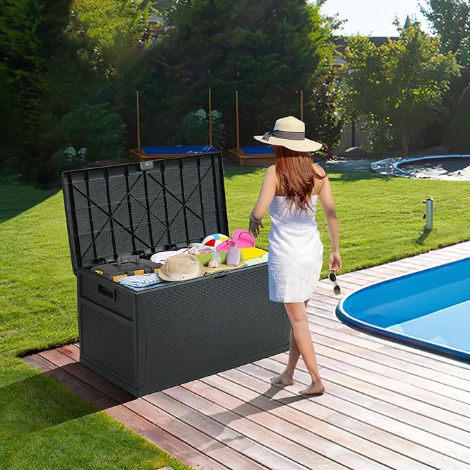 120 Gallon Resin Deck Box, Weatherproof Outdoor Storage Box for Patio, Garden, Pool, and Yard, Lockable Waterproof Bin for Tools, Cushions, and Accessories, Grey