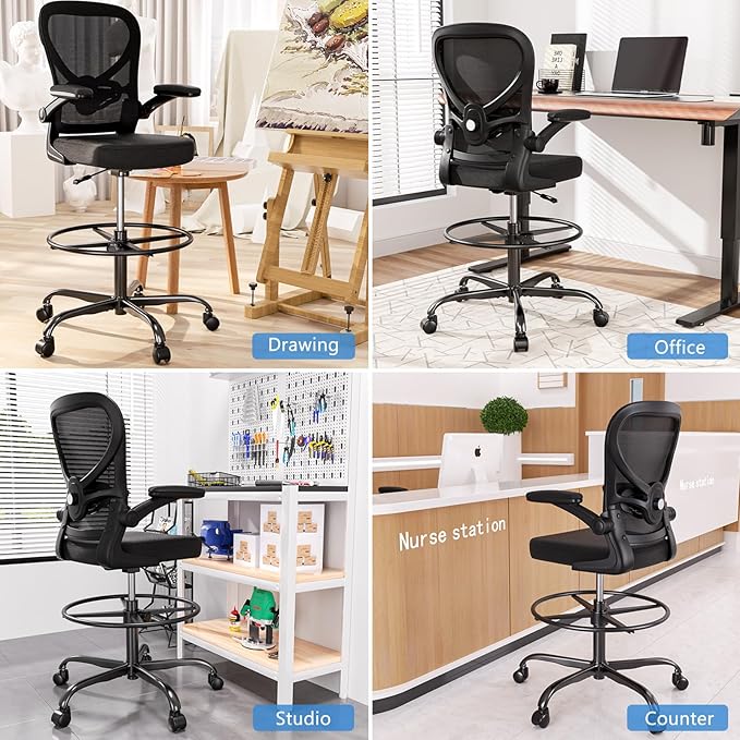 Alolo Drafting Chair,Big and Tall Office Chair with Footrest Ring,Ergonomic Chair for Counter Height and Standing Desk Comfy with Lumbar Support and Flip-up Armrests in Heavy Rolling Base,Black