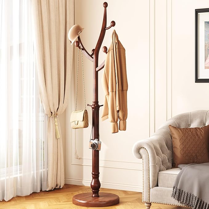 HOMEFORT Coat Rack Freestanding, Wooden Coat Rack with 11 Hookss, Rubber Wood Coat Hanger with Sturdy Round Base, Vintage Coat Hat Rack for Entryway, Hallway, Bedroom,Walnut